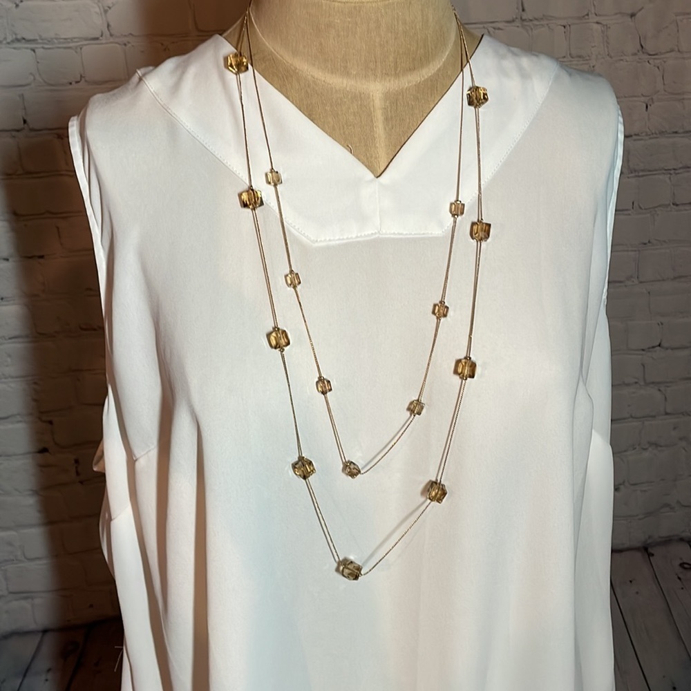 Gold Tone Double Strand Necklace Amber Cube Bead Layered Snake Chain Adjustable